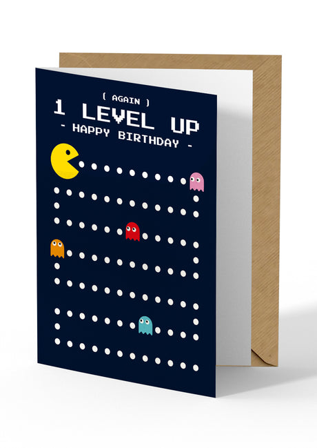 Wenskaart Pac Man verjaardag 1 level up-Studio Inktvis-Studio Inktvis