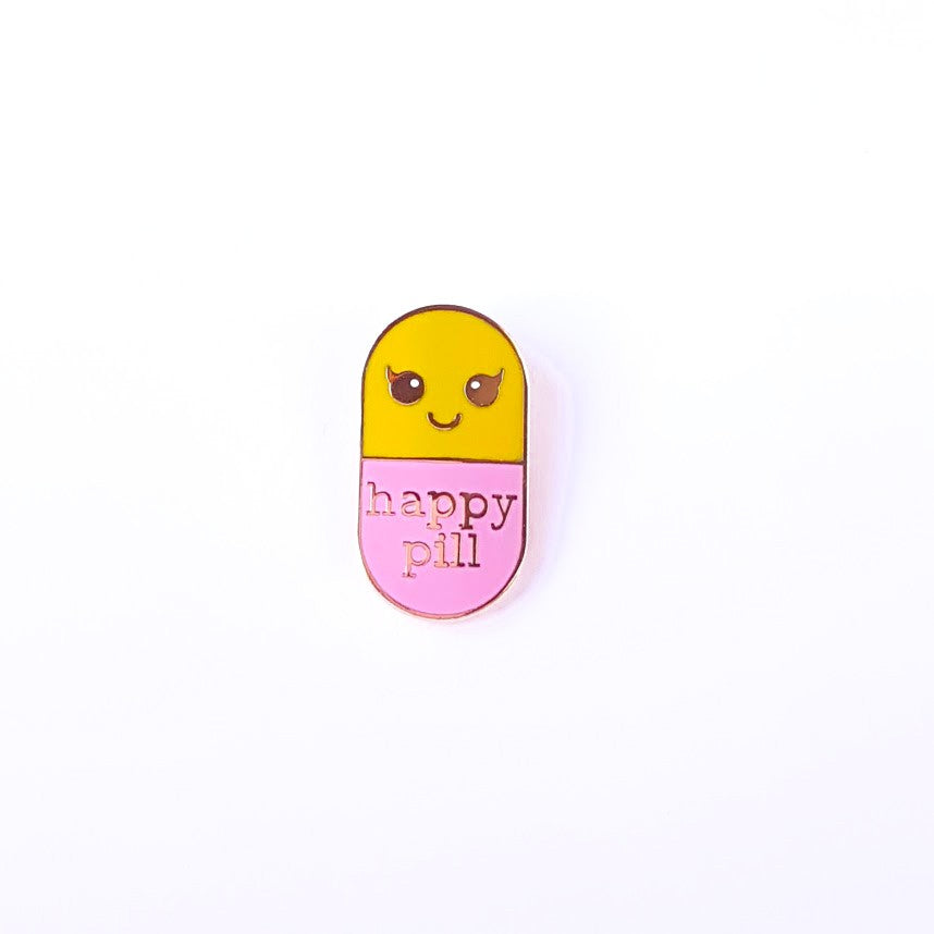 Pin Happy pill geel roze