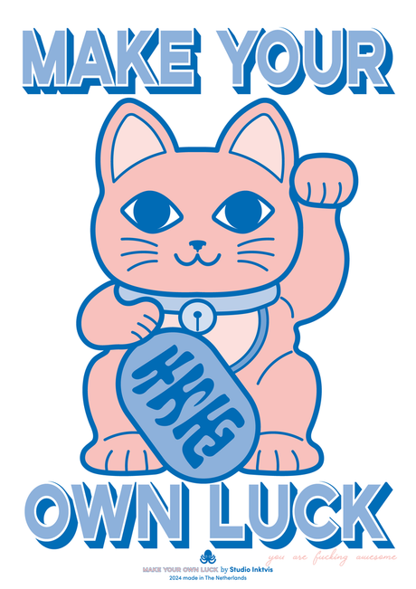 Riso poster A3 Maneki Neko blauw roze-Studio Inktvis-Studio Inktvis