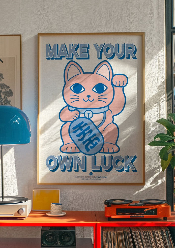 Riso poster A3 Maneki Neko blauw roze-Studio Inktvis-Studio Inktvis