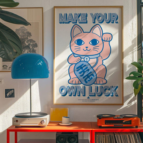 Riso poster A3 Maneki Neko blauw roze-Studio Inktvis-Studio Inktvis