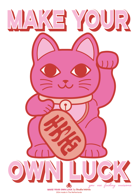 Riso poster A3 Maneki Neko neon roze rood-Studio Inktvis-Studio Inktvis