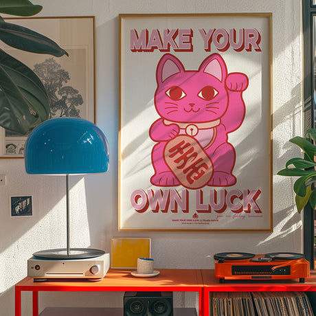 Riso poster A3 Maneki Neko neon roze rood-Studio Inktvis-Studio Inktvis