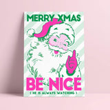 Riso print Kerstkaart be nice he is always watching-Ansichtkaarten-Fun Riso-Studio Inktvis