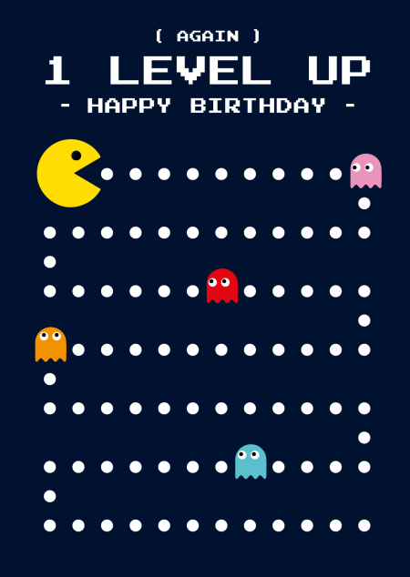 Wenskaart Pac Man verjaardag 1 level up