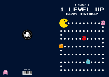Wenskaart Pac Man verjaardag 1 level up
